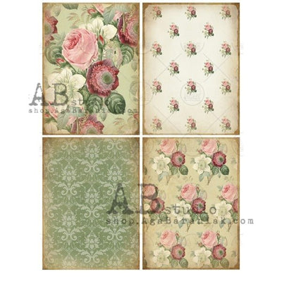 Mixed Flowers and Vintage Damask Labels Decoupage Rice Paper A4 Item No. 0491 by AB Studio