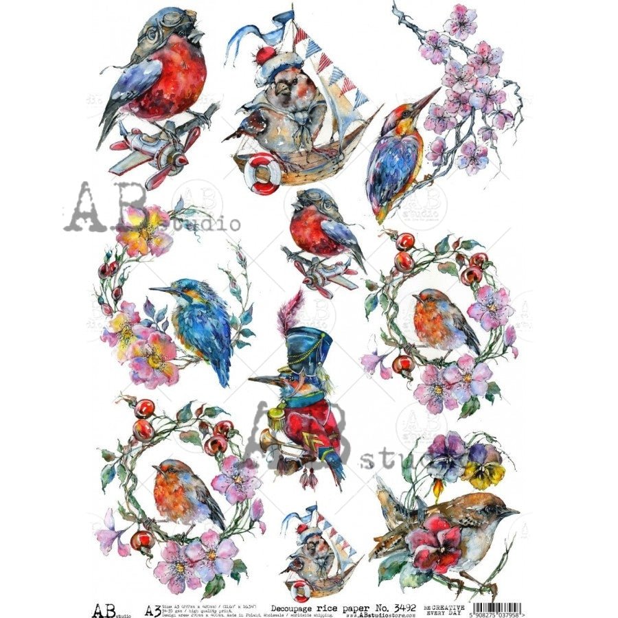 Musical and Nautical Birds with Humming Birds Decoupage Rice Paper A3