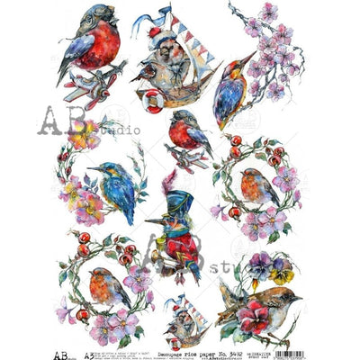 Musical and Nautical Birds with Humming Birds Decoupage Rice Paper A3 Item No. 3492 by AB Studio