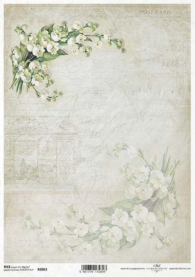Musical Notes and White Bell Flowers Decoupage Rice Paper A4 Item R2063 by ITD Collection