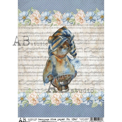 Musical Score and Polka Dots with Flowers and Teddy Bear Decoupage Rice Paper A4 Item No. 1367 by AB Studio
