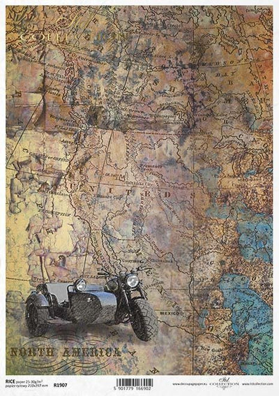 North America Motorcycle Atlas Decoupage Rice Paper A4 Item R1907 by ITD Collection