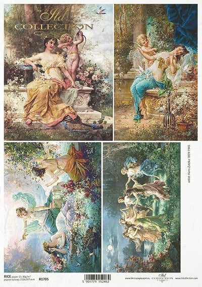 Nymphs and Cupid Cards Decoupage Rice Paper A4 Item R1705 by ITD Collection