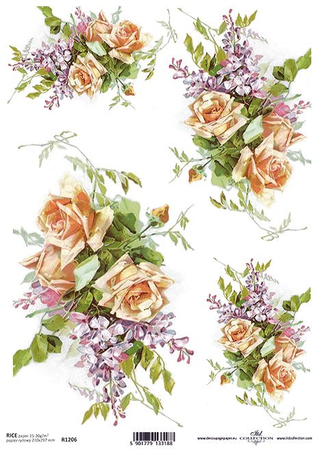 Peach Roses and Purple Flower Labels Decoupage Rice Paper A4 Item R120 ...