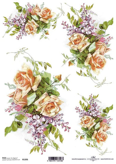 Peach Roses and Purple Flower Labels Decoupage Rice Paper A4 Item R1206 by ITD Collection