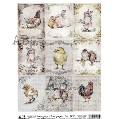 Peeps Birds and Rabbits Cards Decoupage Rice Paper A4 Item No. 1290 by AB Studio
