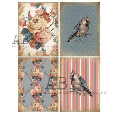 Peonies and Bird Labels Decoupage Rice Paper A4 Item No. 0493 by AB Studio