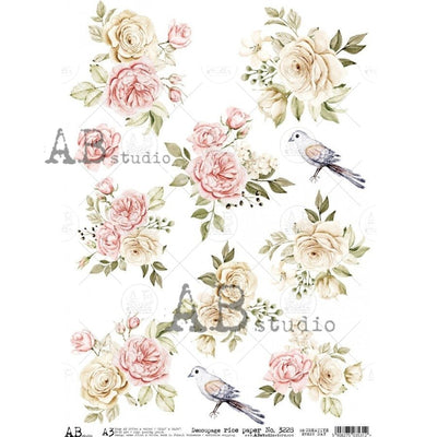 Peonies and Two Blue Birds Decoupage Rice Paper A3 Item No. 3228 by AB Studio