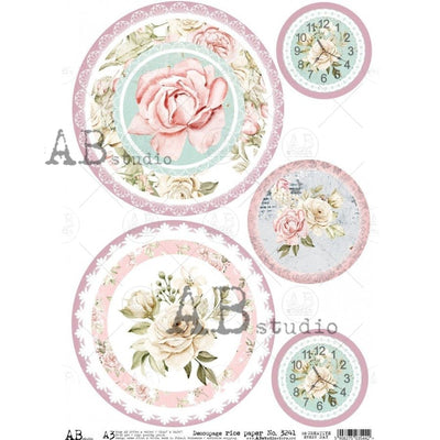 Peony and Clock Medallions Decoupage Rice Paper A3 Item No. 3241 by AB Studio