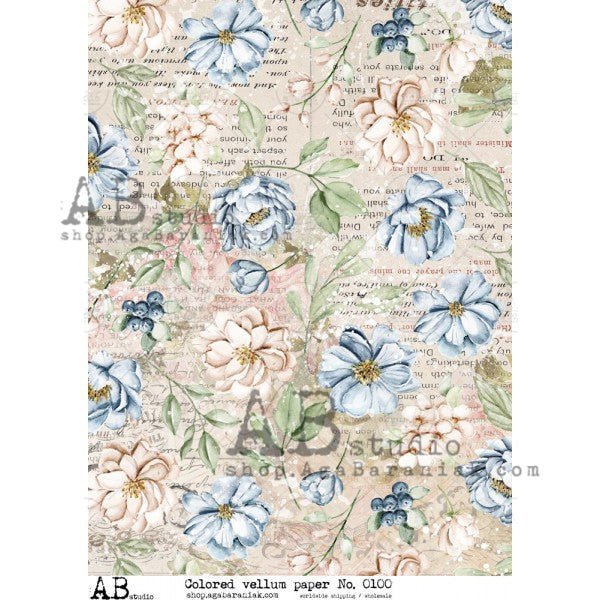 Pink and Blue Floral Vellum Paper A4 Item No. 0100 by AB Studio All
