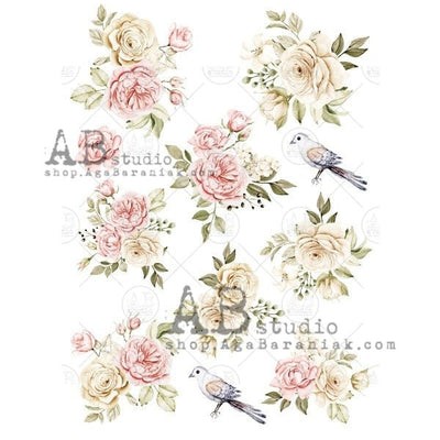 Pink and Ivory Peonies with Blue Birds Decoupage Rice Paper A4 Item No. 0518 by AB Studio