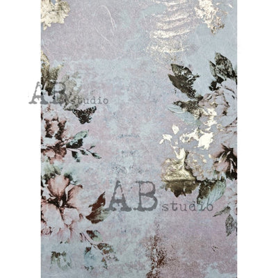 Pink Background and Flowers Gilded Decoupage Rice Paper A4 Item No. 0069 by AB Studio