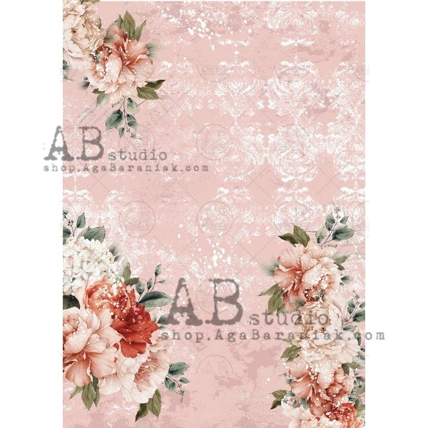 Pink Distressed Damask Background and Peonies Decoupage Rice Paper A4 ...