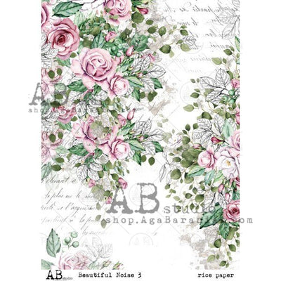 Pink Floral and Script Decoupage Rice Paper A4 Item No. 0048 by AB Studio