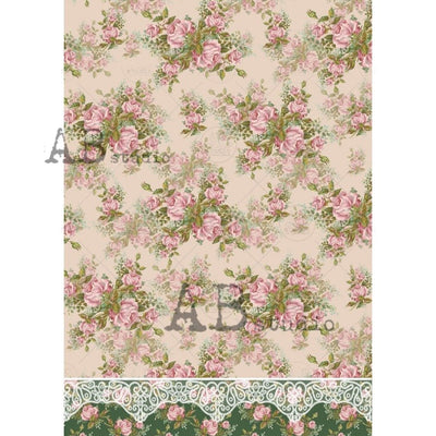 Pink Floral Splendor with Lace Border Decoupage Rice Paper A4 Item No. 0399 by AB Studio