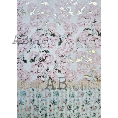 Pink Flowers with Blue Pinstripes Gilded Decoupage Rice Paper A4 Item No. 0011 by AB Studio