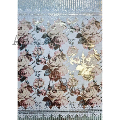 Pink Flowers with Striped Ends Gilded Decoupage Rice Paper A4 Item No. 0034 by AB Studio