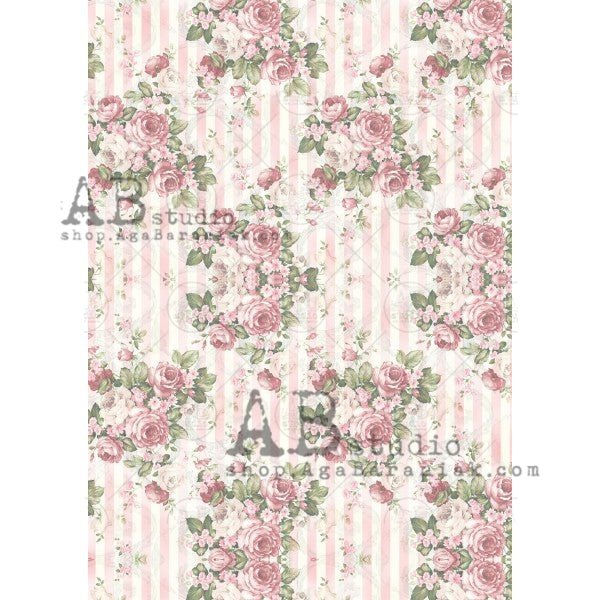 Pink Rice Paper Pink Pinstriped with Floral Bouquets Decoupage Rice Paper A4 Item No ...