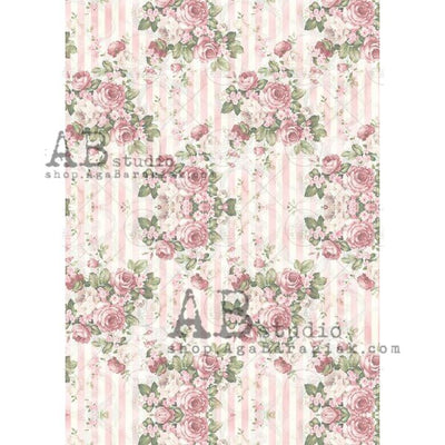 Pink Pinstriped with Floral Bouquets Decoupage Rice Paper A4 Item No. 0342 by AB Studio
