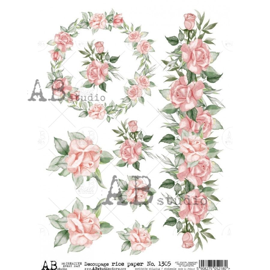 Pink Rose Borders and Wreath Decoupage Rice Paper A4 Item No. 1305 by ...