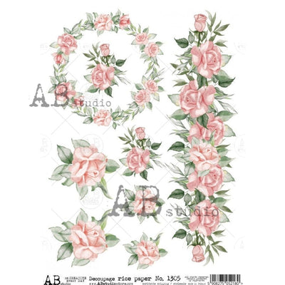 Pink Rose Borders and Wreath Decoupage Rice Paper A4 Item No. 1305 by AB Studio