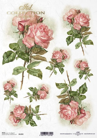 Pink Roses Decoupage Rice Paper A4 Item R1202 by ITD Collection
