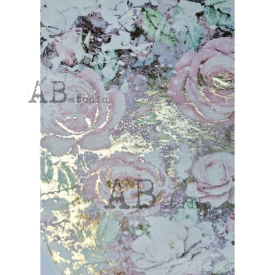Pink Roses with Script Text Gilded Decoupage Rice Paper A4 Item No. 0001 by AB Studio