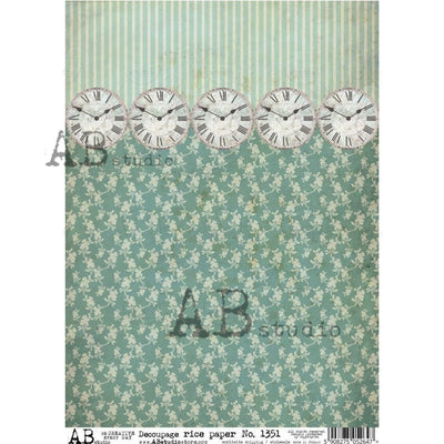 Pinstripe and Flower Design Wallpaper with Clock Borders Decoupage Rice Paper A4 Item No. 1351 by AB Studio