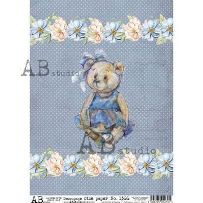 Polka Dots with Flowers and Teddy Bear in a Dress Decoupage Rice Paper A4 Item No. 1366 by AB Studio