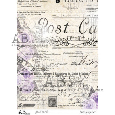 Purple and Ivory Post Card with Script Decoupage Rice Paper A4 Item No. 0010 by AB Studio