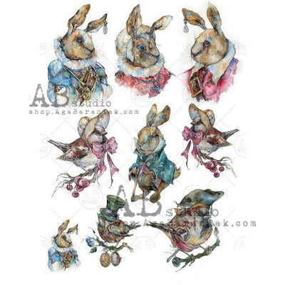 Rabbits and Birds in Aristocrat Attire Decoupage Rice Paper A4 Item No. 0575 by AB Studio