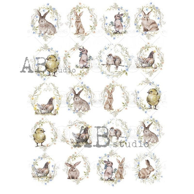 Rabbits and Birds Mini Medallions Decoupage Rice Paper A4 Item No. 1301 by AB Studio