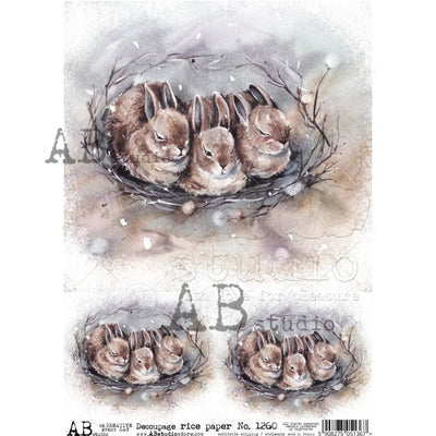 Rabbits Sleeping Halftone Sepia Decoupage Rice Paper A4 Item No. 1260 by AB Studio