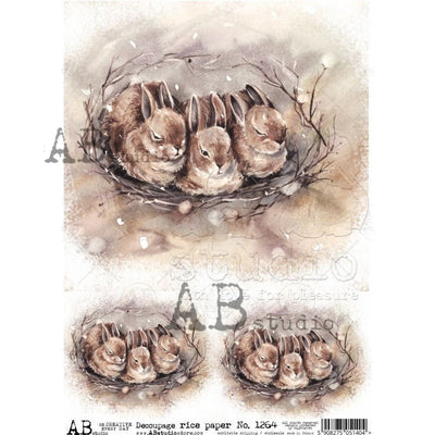 Rabbits Sleeping Sepia Decoupage Rice Paper A4 Item No. 1264 by AB Studio