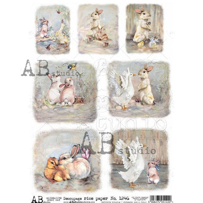Rabbits Standing and Relaxing with Ducks Cards Decoupage Rice Paper A4 Item No. 1246 by AB Studio