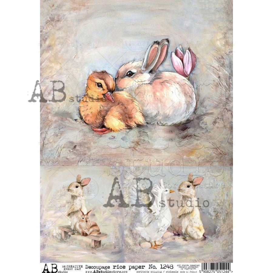 Rabbits Standing and Relaxing with Ducks Decoupage Rice Paper A4 Item ...
