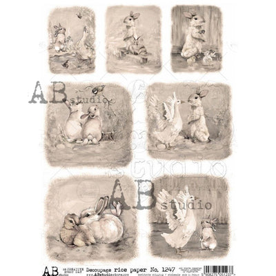 Rabbits Standing and Relaxing with Ducks Sepia Cards Decoupage Rice Paper A4 Item No. 1247 by AB Studio