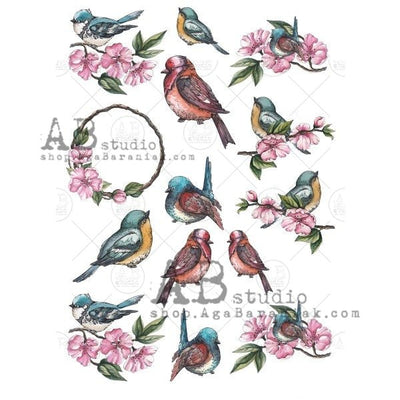 Red and Blue Birds with Cherry Blossoms Decoupage Rice Paper A4 Item No. 0556 by AB Studio
