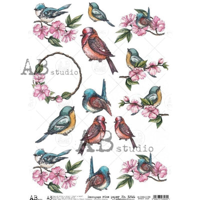 Red and Blue Birds with Cherry Blossoms Medallions Decoupage Rice Paper A3 Item No. 3266 by AB Studio