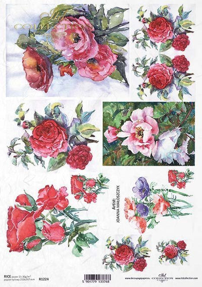 Red and Pink Peony Flowers Cards Watercolor Decoupage Rice Paper A4 Item R1224 by ITD Collection