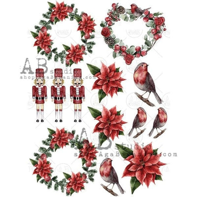 Red Finches and Poinsettias Decoupage Rice Paper A4 Item No. 0440 by AB Studio