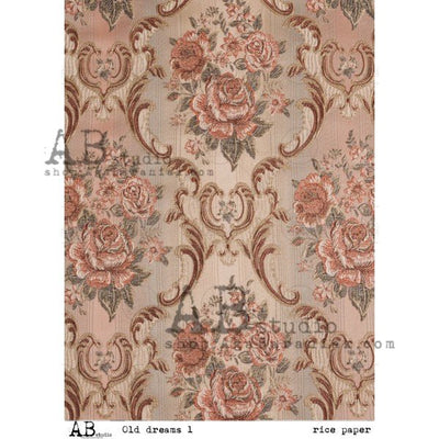 Red Floral Vintage Damask "Old Dreams 1" Decoupage Rice Paper A4 Item No. 0061 by AB Studio