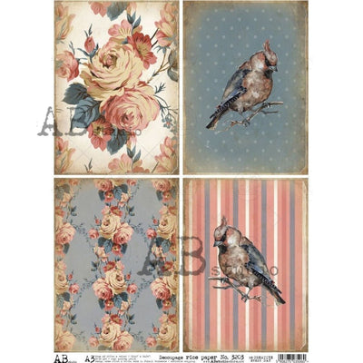 Red White and Blue Flowers and Birds Cards Decoupage Rice Paper A3 Item No. 3203 by AB Studio