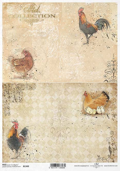 Roosters and Hens Watercolor Cards Decoupage Rice Paper A4 Item R1349 by ITD Collection