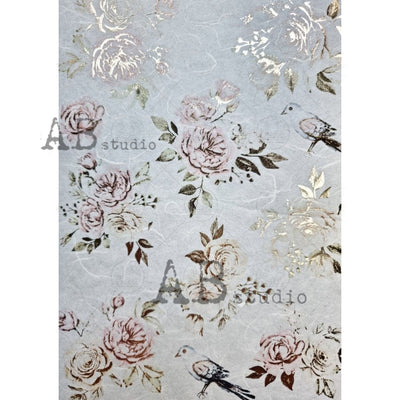 Roses and Birds Gilded Decoupage Rice Paper A4 Item No. 0052 by AB Studio