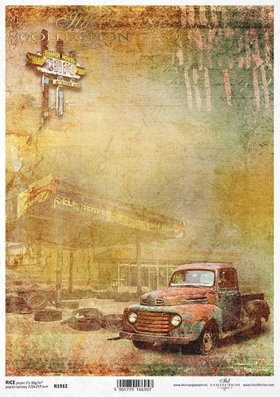 Route 66 Farmhouse Truck Decoupage Rice Paper A4 Item R1912 by ITD Collection