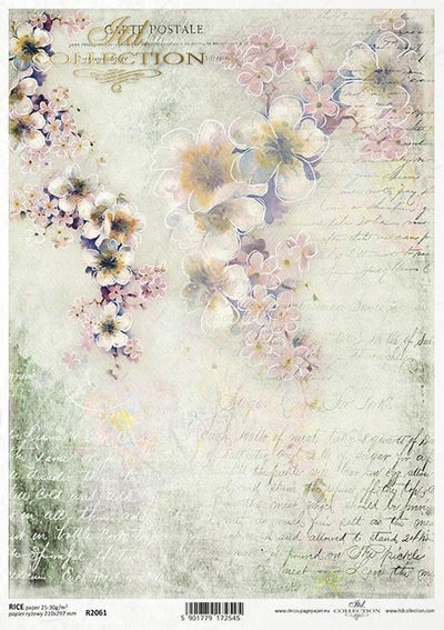 Script with Flowers Post Card Decoupage Rice Paper A4 Item R2061 by ITD Collection