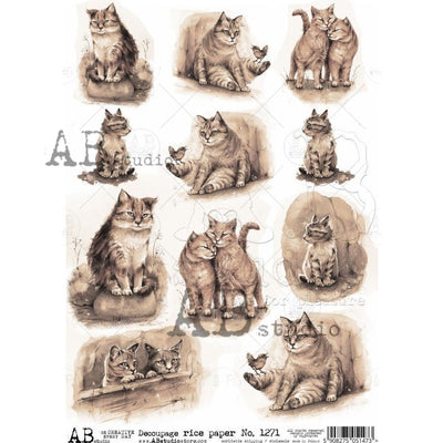 Sepia Cats and Birds Decoupage Rice Paper A4 Item No. 1271 by AB Studio