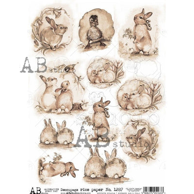 Sepia Cottontails and a Duckling Medallions Decoupage Rice Paper A4 Item No. 1287 by AB Studio