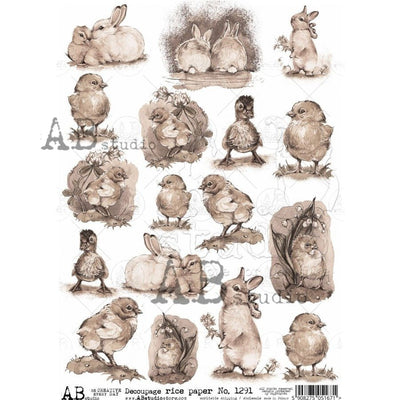 Sepia Peeps Cottontails and Ducklings Medallions Decoupage Rice Paper A4 Item No. 1291 by AB Studio